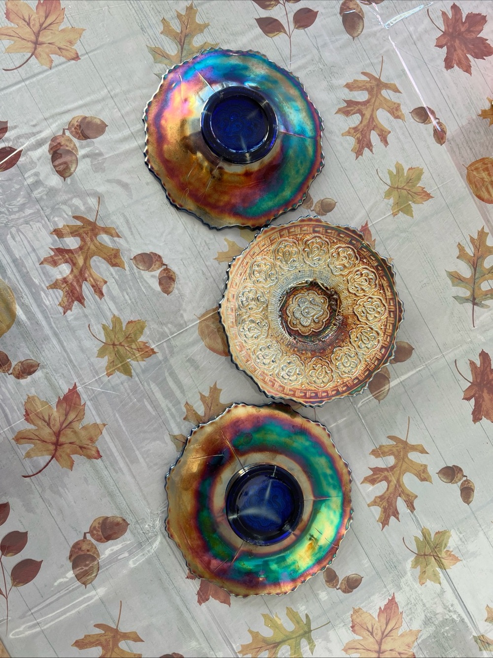 Iridescent Carnival Glass medallion 6 inch plates - Set of 3